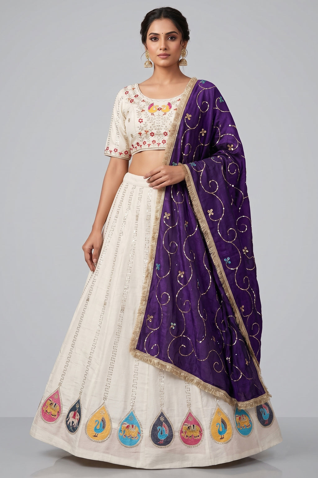 White Art Silk Embroidered Chaniya Choli