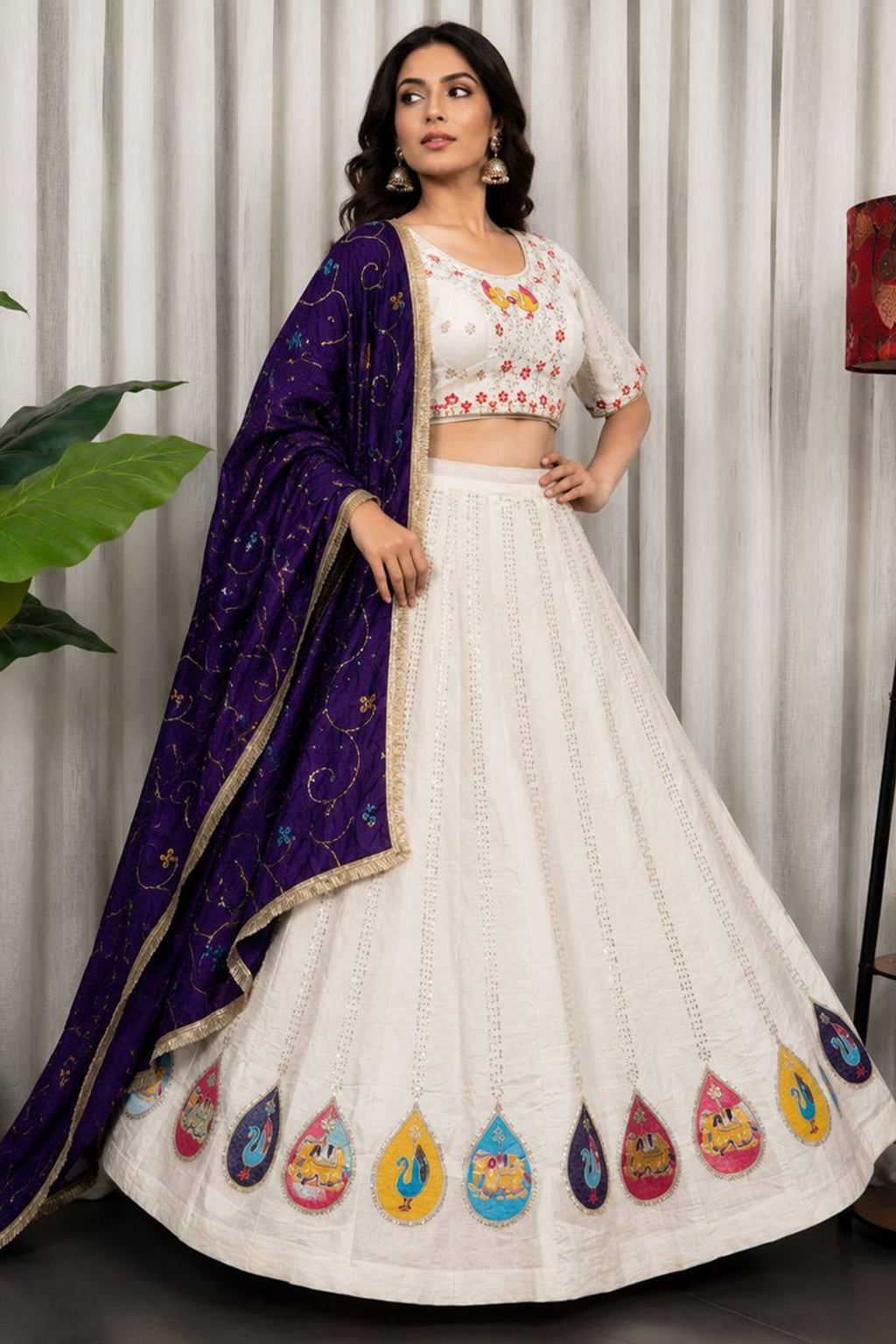 White Art Silk Embroidered Chaniya Choli