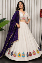 White Art Silk Embroidered Chaniya Choli