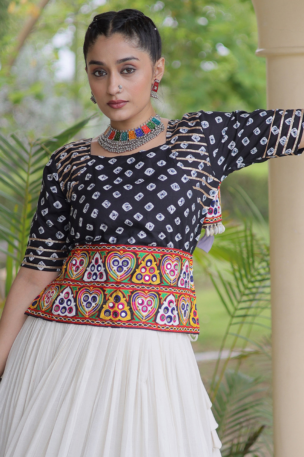 White Cotton Chaniya with Bandhej and Kachchi Worked Choli