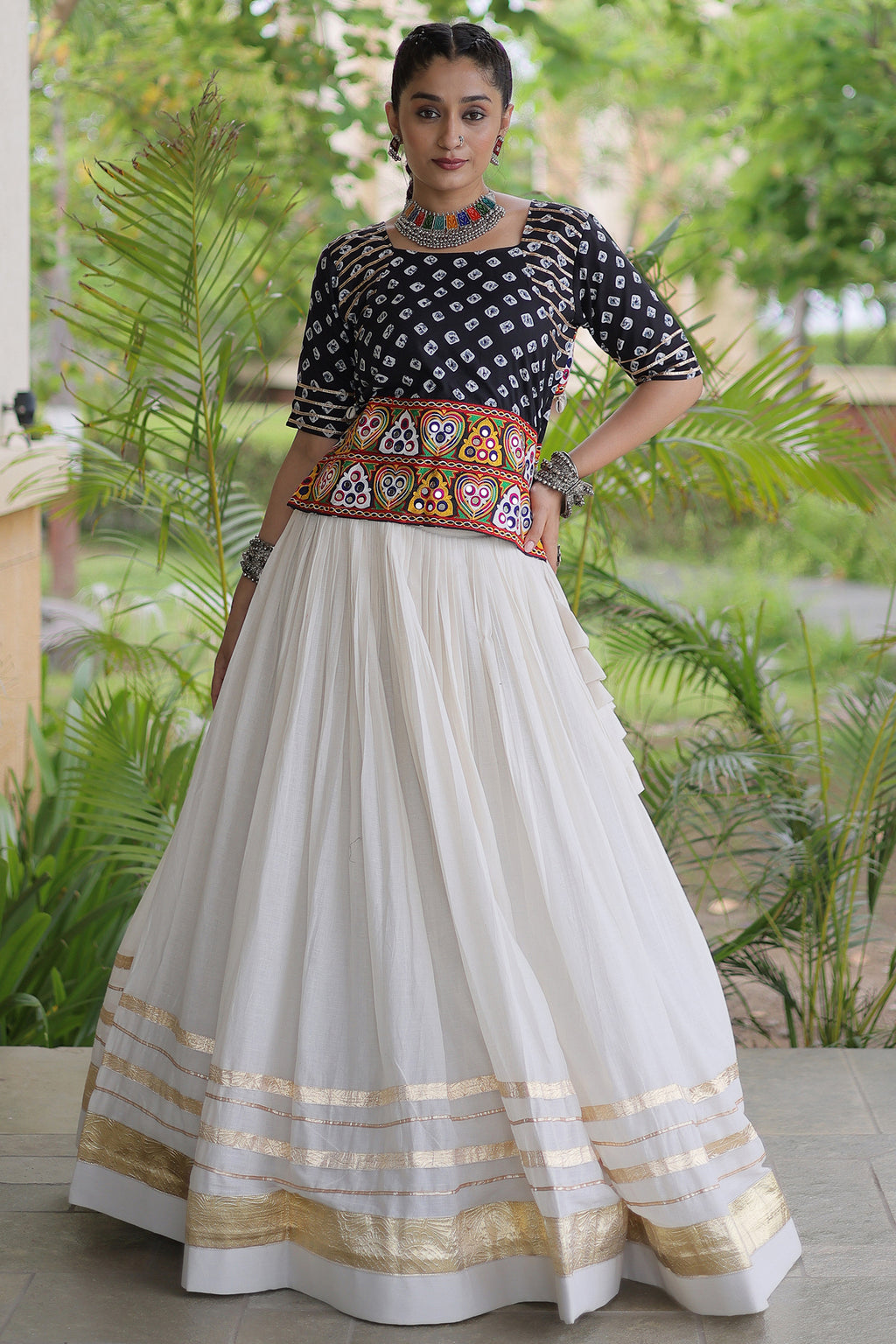 White Cotton Chaniya with Bandhej and Kachchi Worked Choli