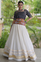 White Cotton Chaniya with Bandhej and Kachchi Worked Choli