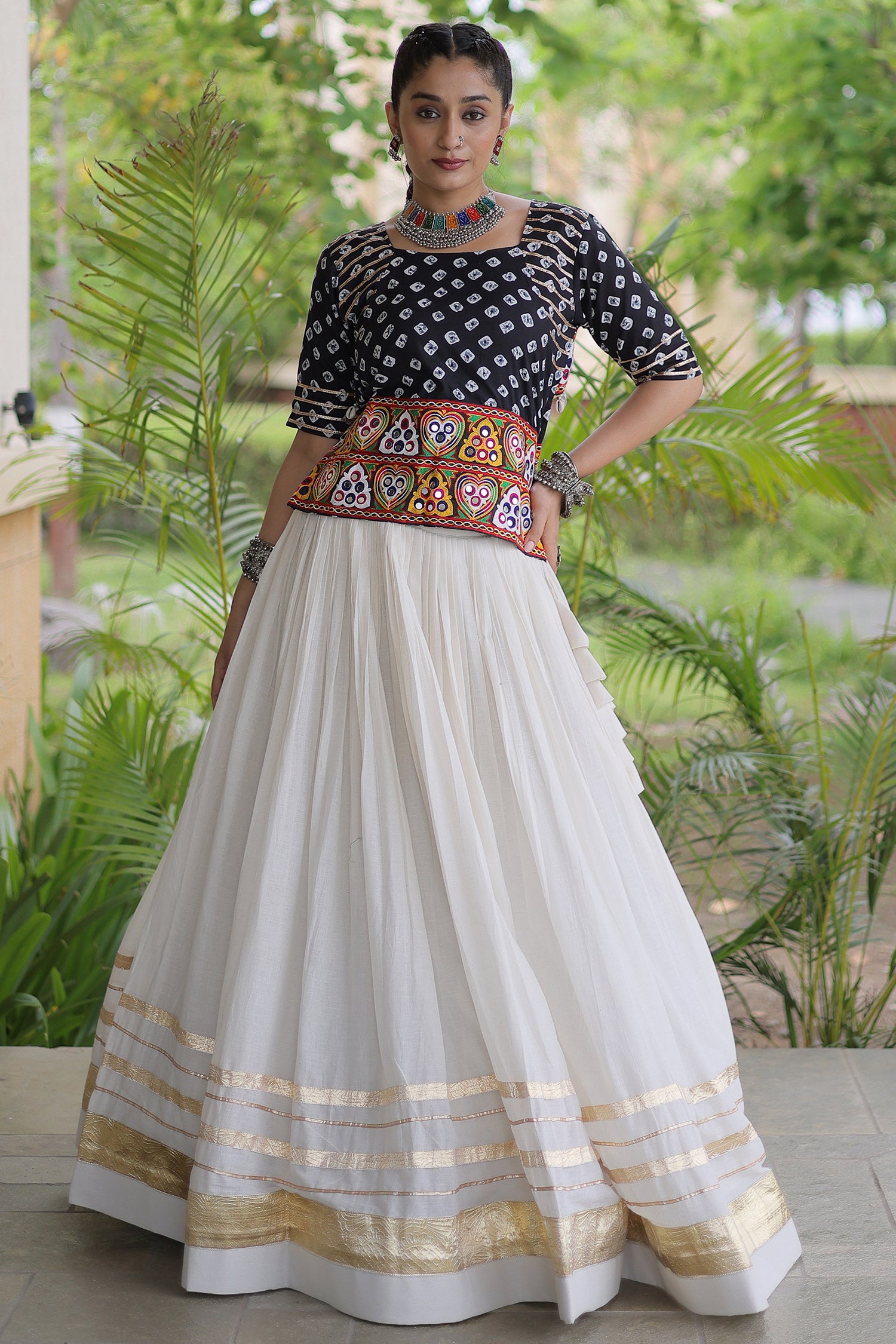 White Cotton Chaniya with Bandhej and Kachchi Worked Choli