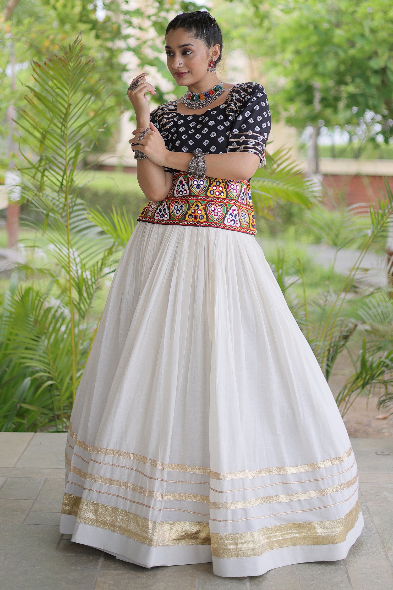 White Cotton Chaniya with Bandhej and Kachchi Worked Choli