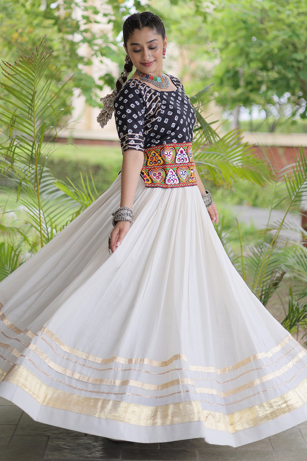 White Cotton Chaniya with Bandhej and Kachchi Worked Choli