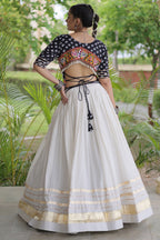 White Cotton Chaniya with Bandhej and Kachchi Worked Choli