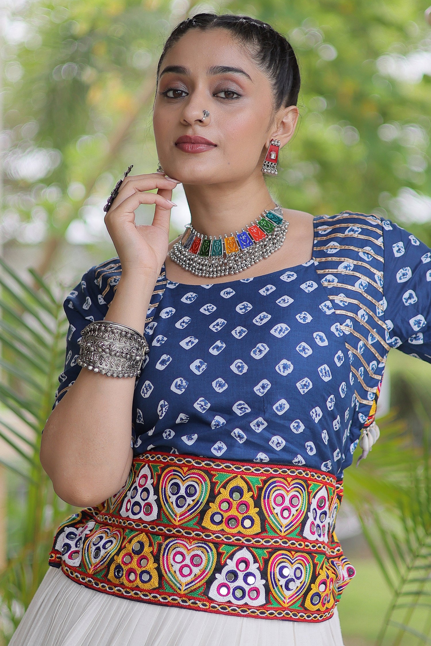 White Cotton Chaniya with Bandhej and Kachchi Worked Choli