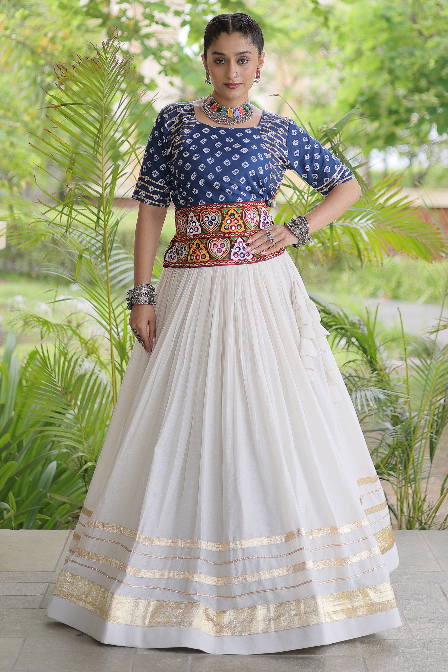 White Cotton Chaniya with Bandhej and Kachchi Worked Choli