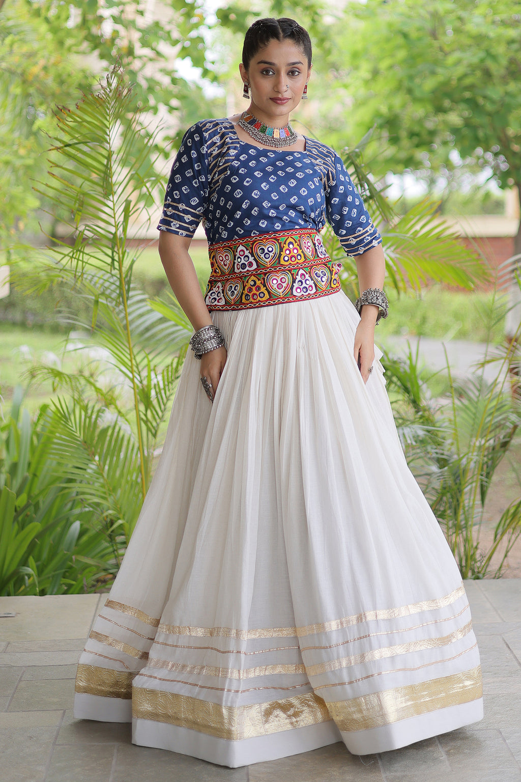White Cotton Chaniya with Bandhej and Kachchi Worked Choli