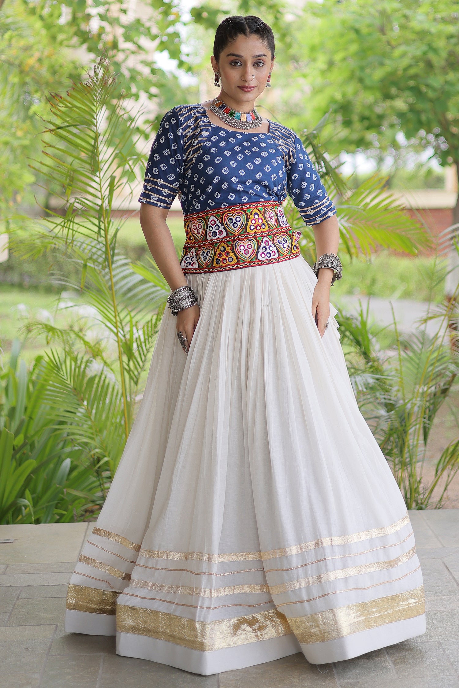 White Cotton Chaniya with Bandhej and Kachchi Worked Choli
