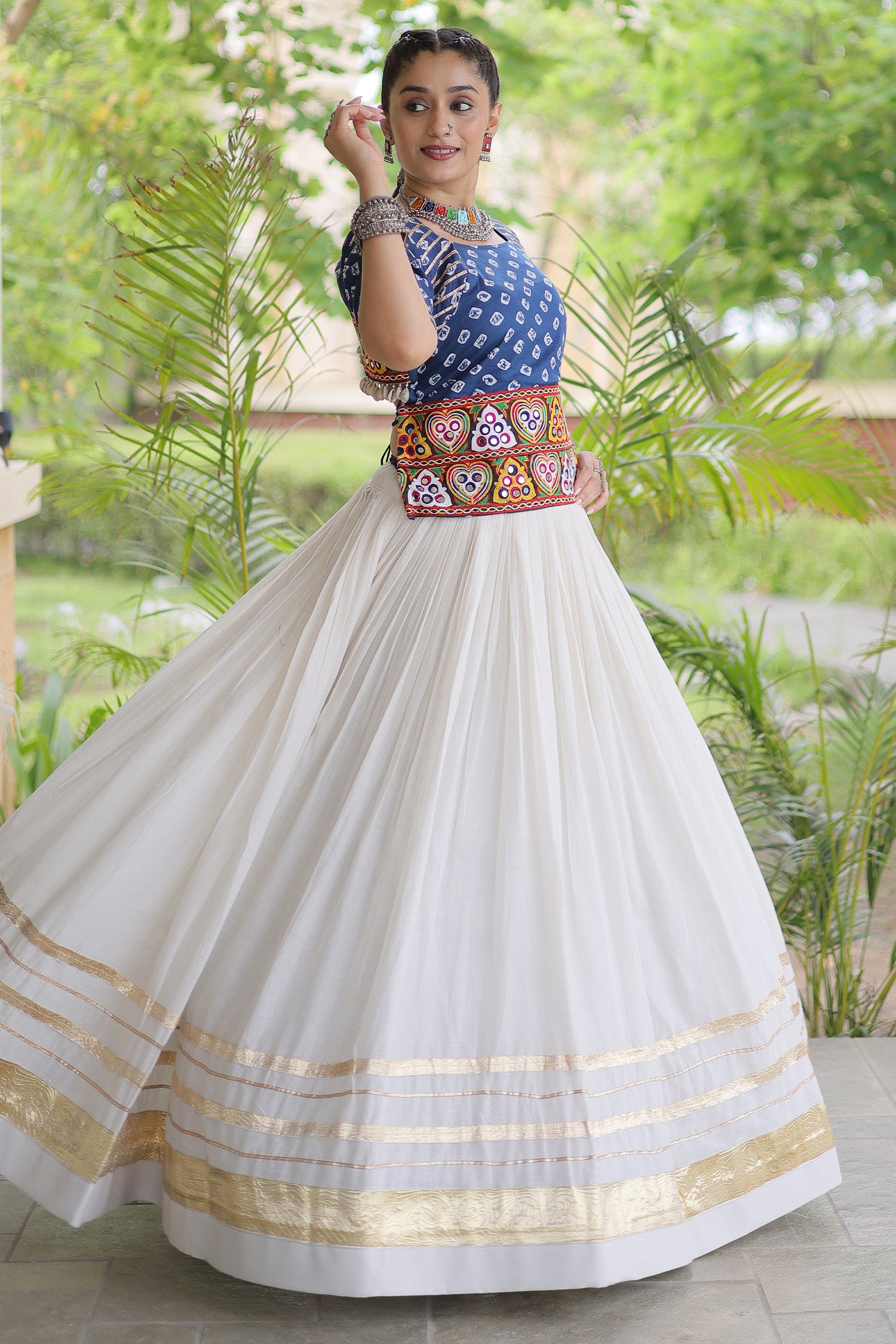 White Cotton Chaniya with Bandhej and Kachchi Worked Choli