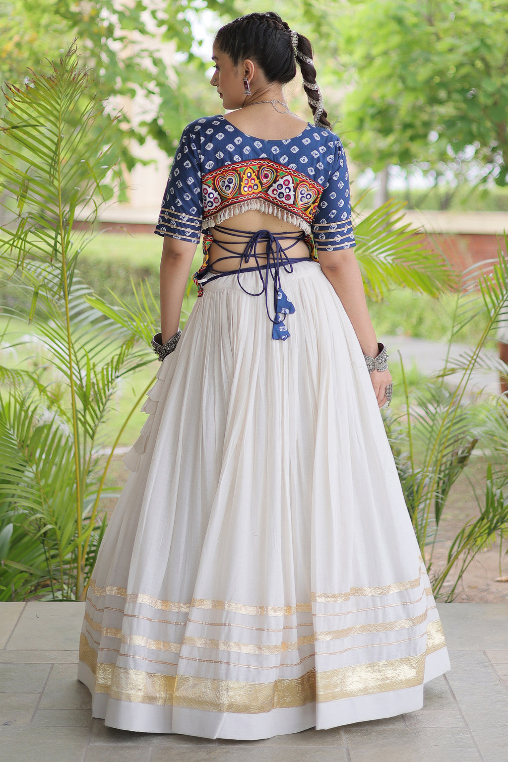 White Cotton Chaniya with Bandhej and Kachchi Worked Choli