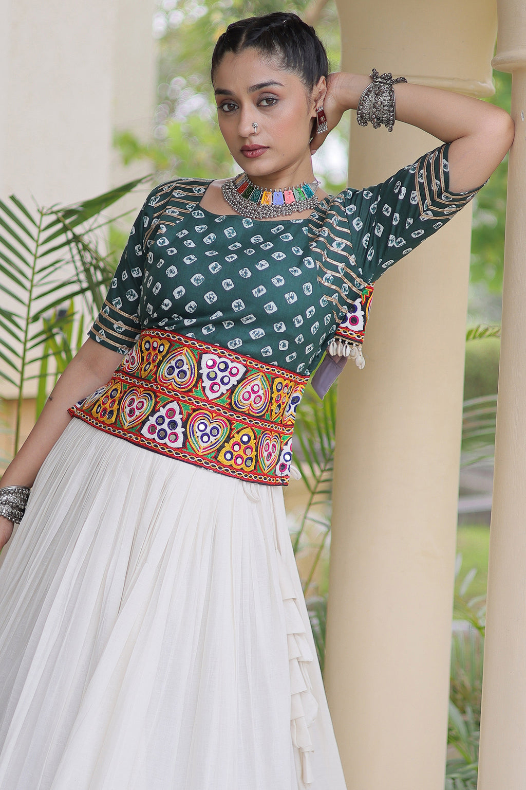 White Cotton Chaniya with Bandhej and Kachchi Worked Choli