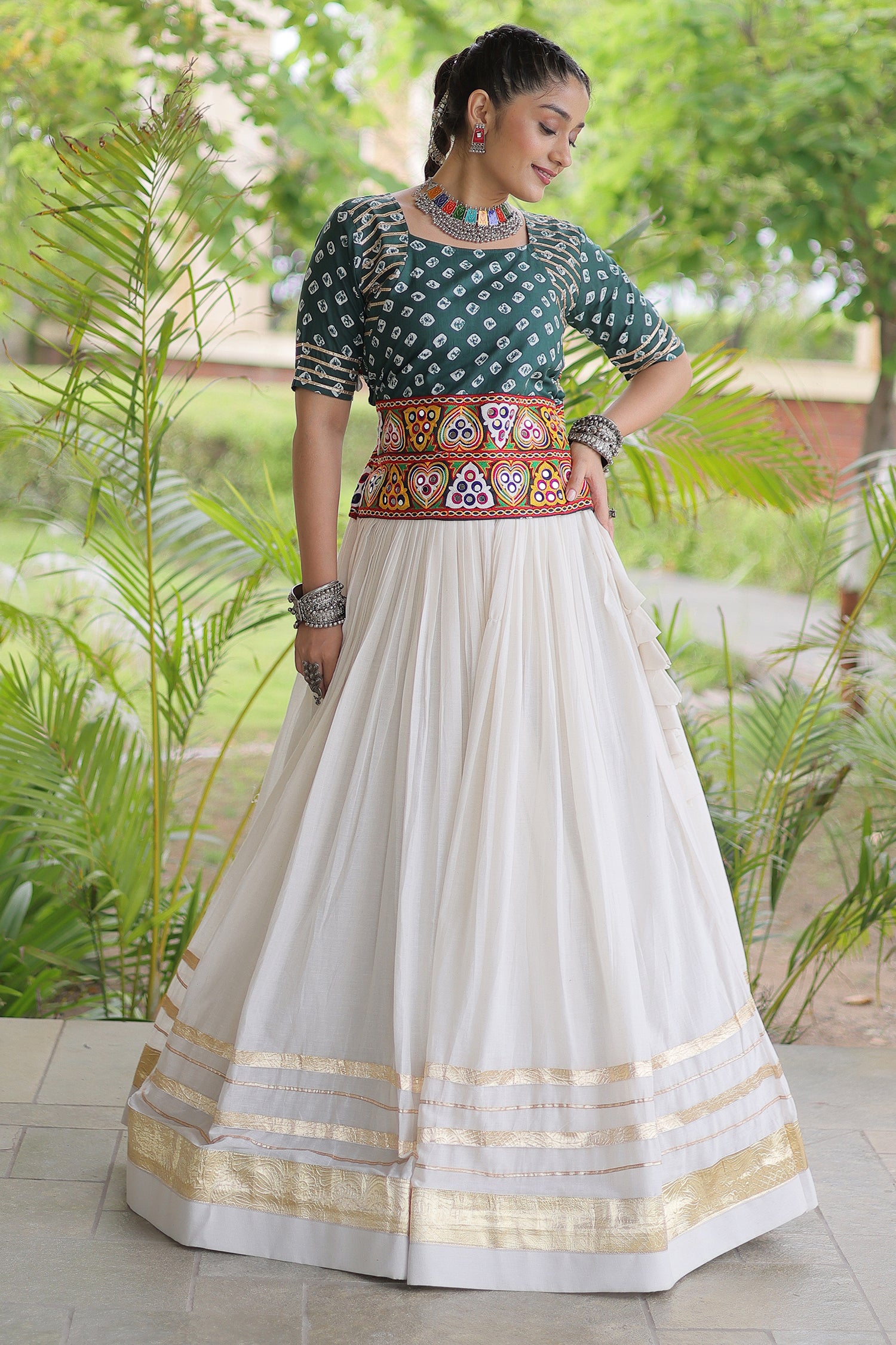 White Cotton Chaniya with Bandhej and Kachchi Worked Choli