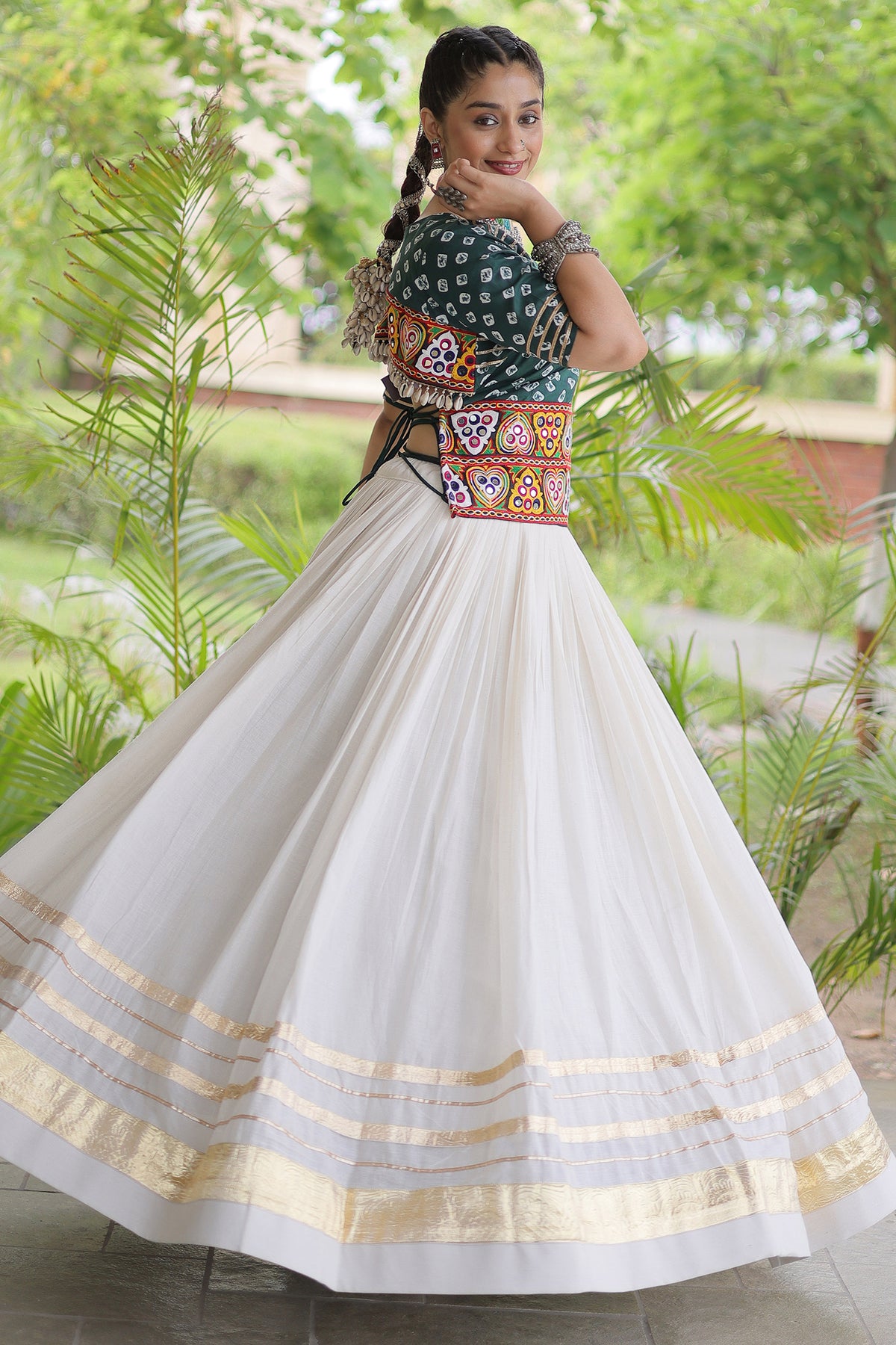 White Cotton Chaniya with Bandhej and Kachchi Worked Choli