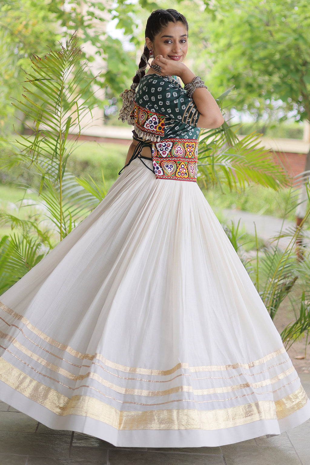 White Cotton Chaniya with Bandhej and Kachchi Worked Choli
