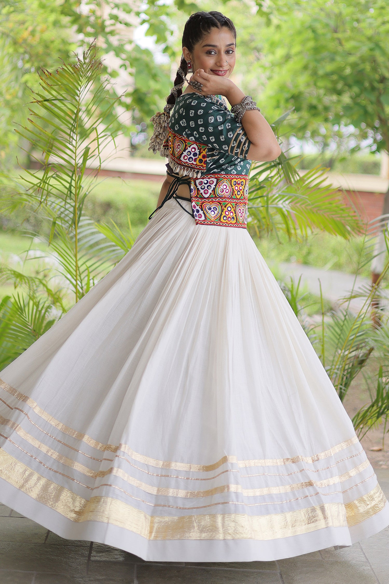 White Cotton Chaniya with Bandhej and Kachchi Worked Choli