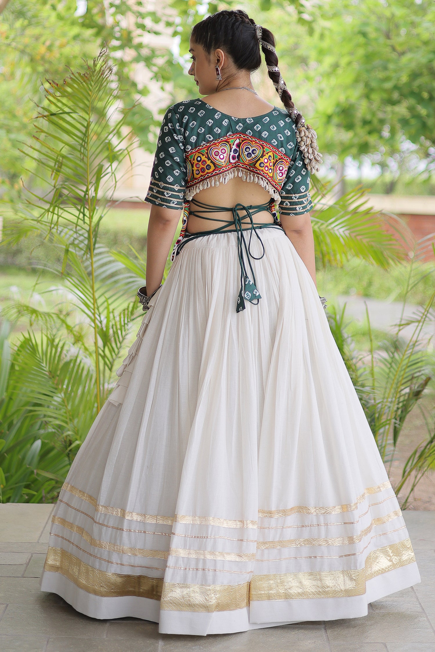 White Cotton Chaniya with Bandhej and Kachchi Worked Choli