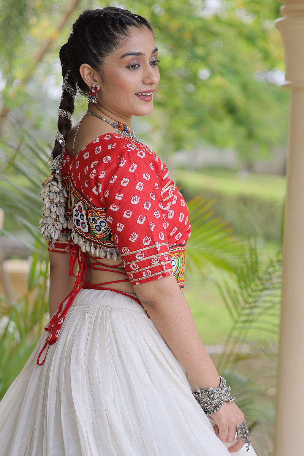 White Cotton Chaniya with Bandhej and Kachchi Worked Choli