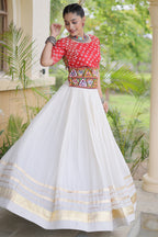 White Cotton Chaniya with Bandhej and Kachchi Worked Choli