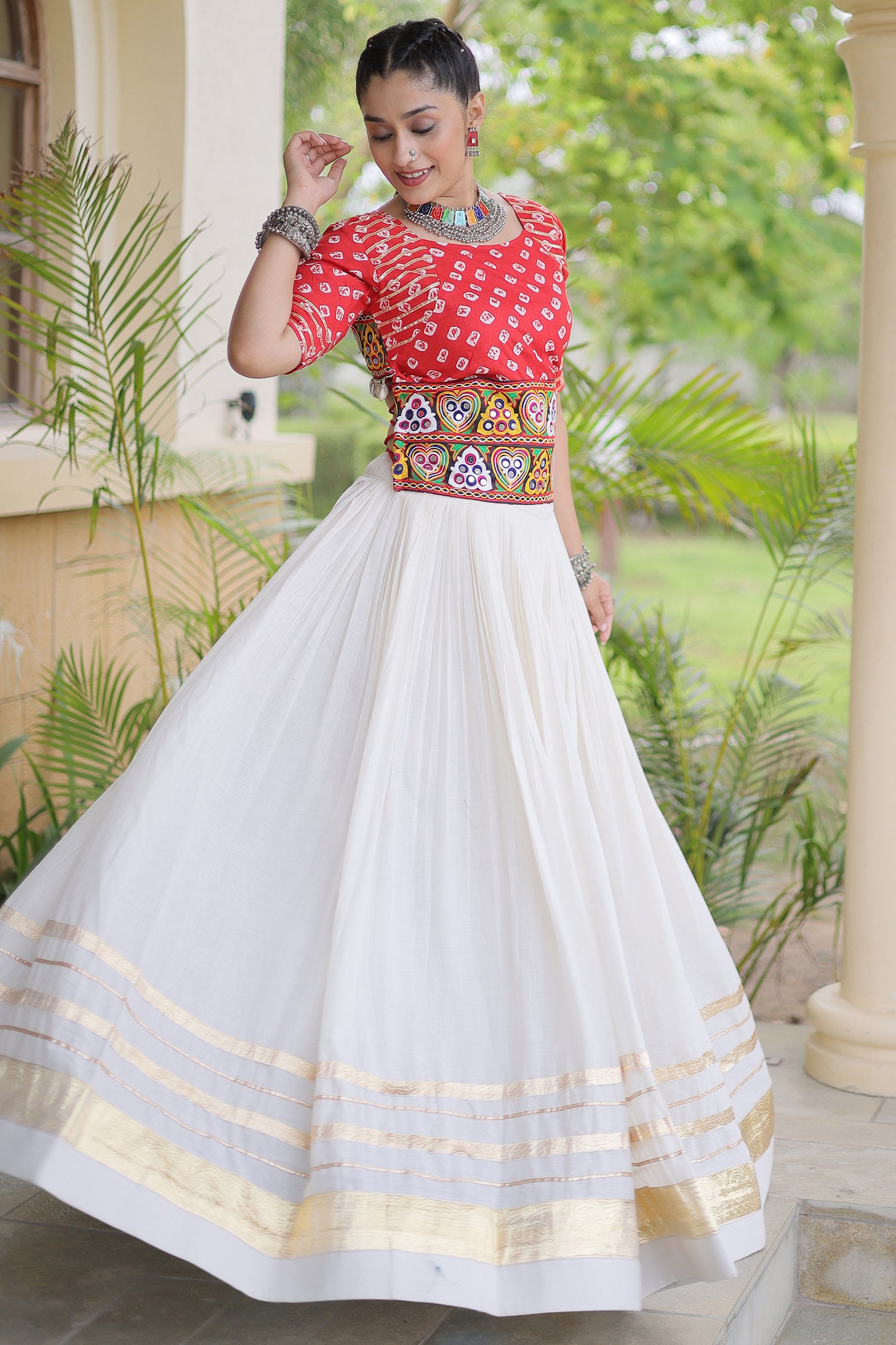 White Cotton Chaniya with Bandhej and Kachchi Worked Choli