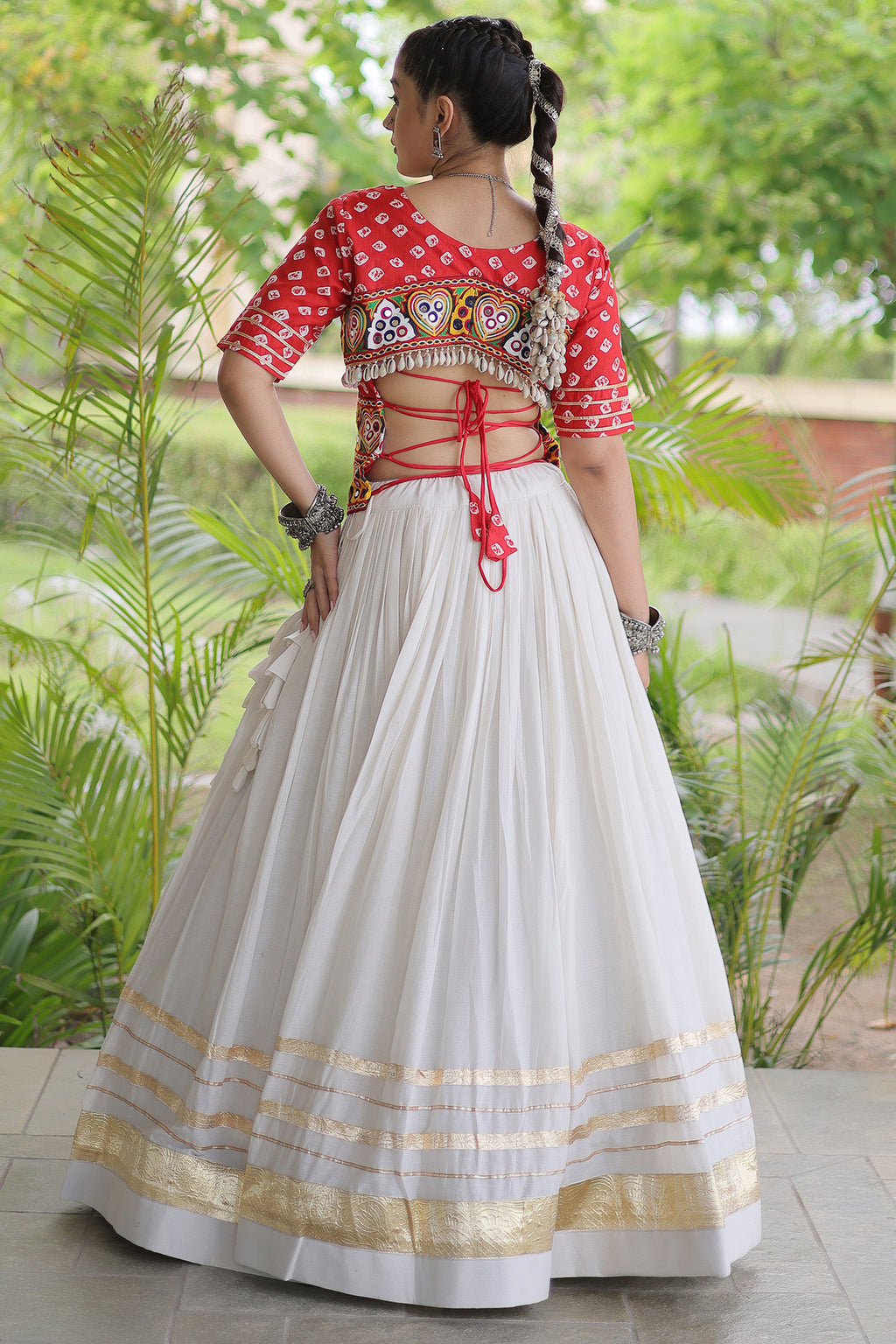 White Cotton Chaniya with Bandhej and Kachchi Worked Choli