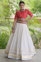 White Cotton Chaniya with Bandhej and Kachchi Worked Choli