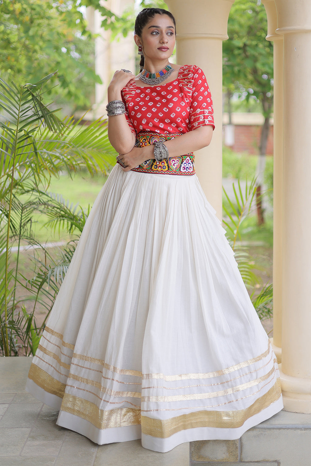 White Cotton Chaniya with Bandhej and Kachchi Worked Choli