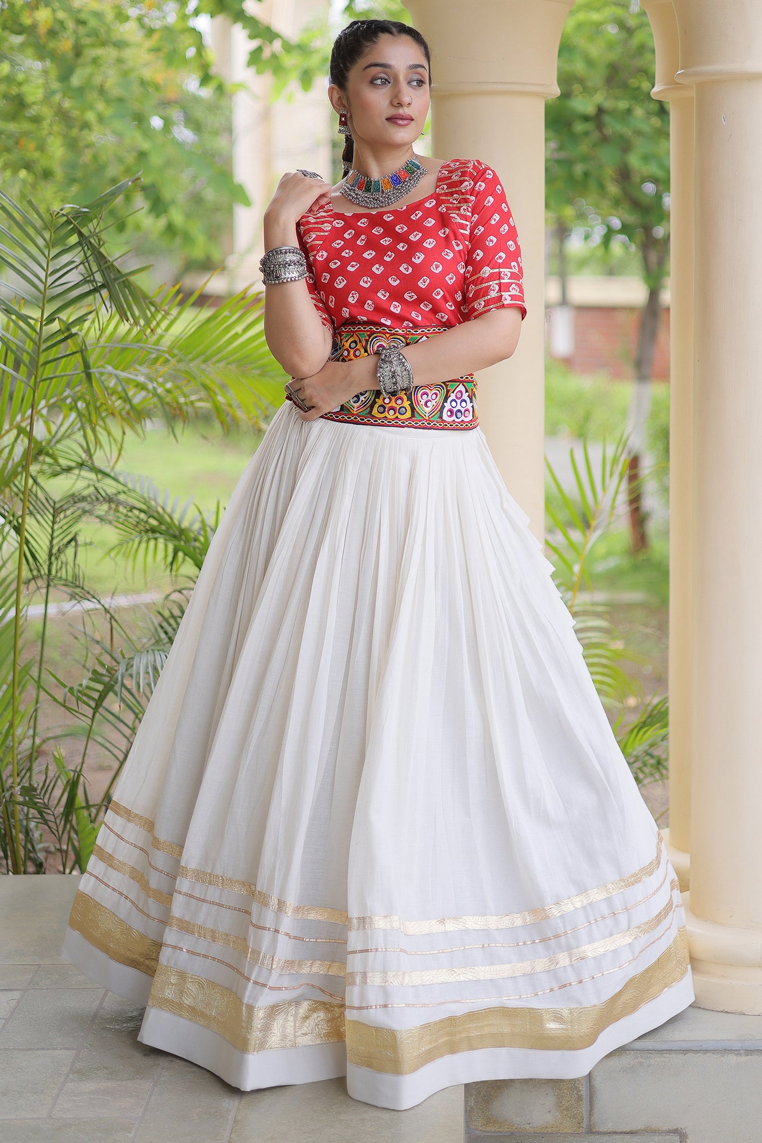 White Cotton Chaniya with Bandhej and Kachchi Worked Choli