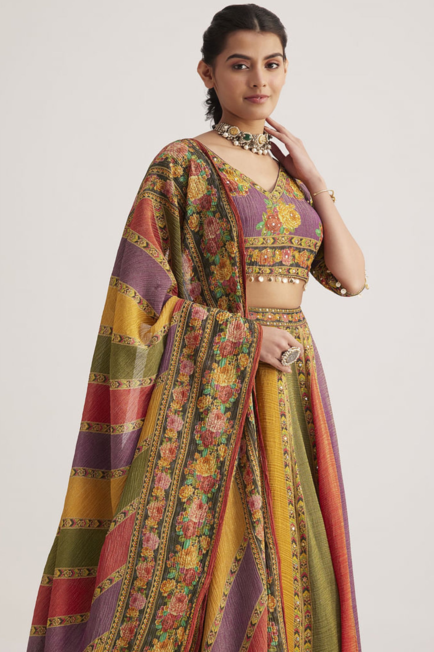 Multi Colored Organza Silk Printed Chaniya Choli Secondary image