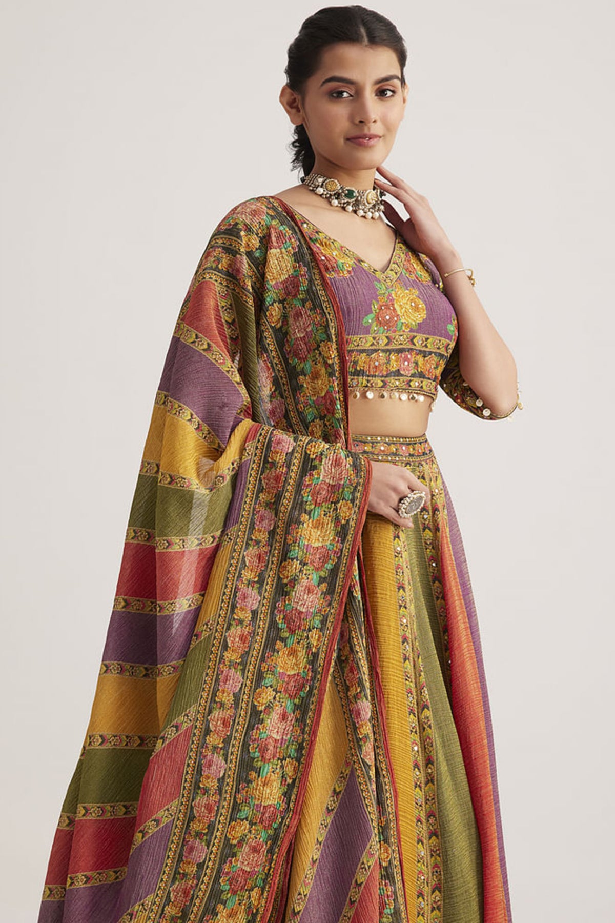 Multi Colored Organza Silk Printed Chaniya Choli