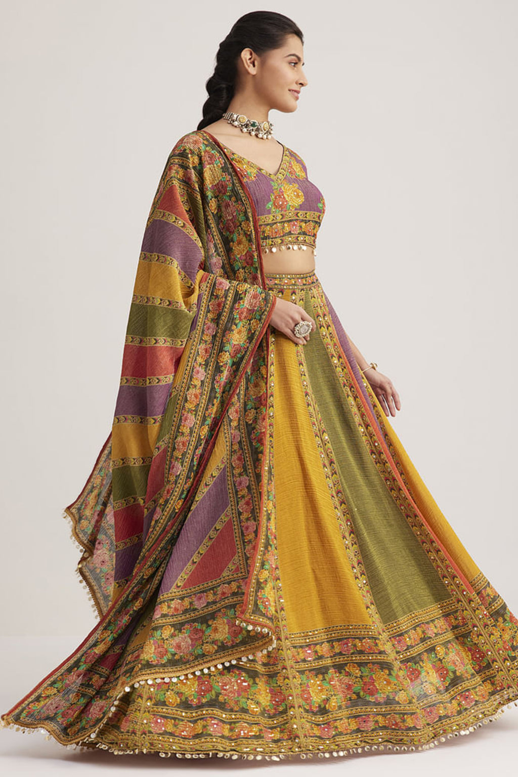 Multi Colored Organza Silk Printed Chaniya Choli