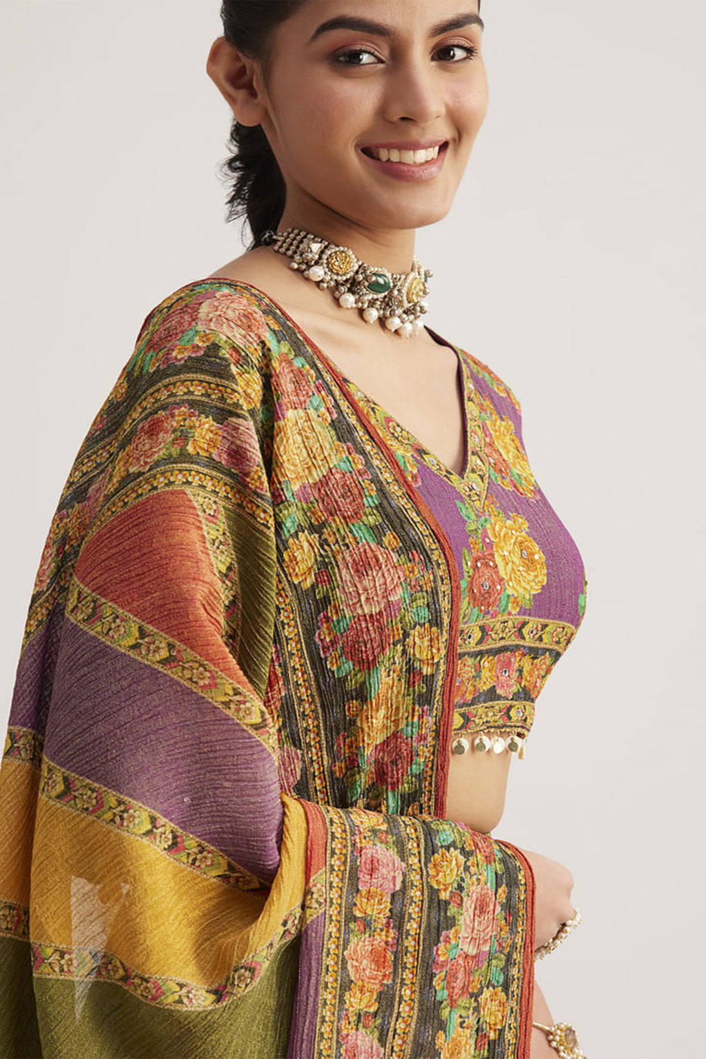 Multi Colored Organza Silk Printed Chaniya Choli