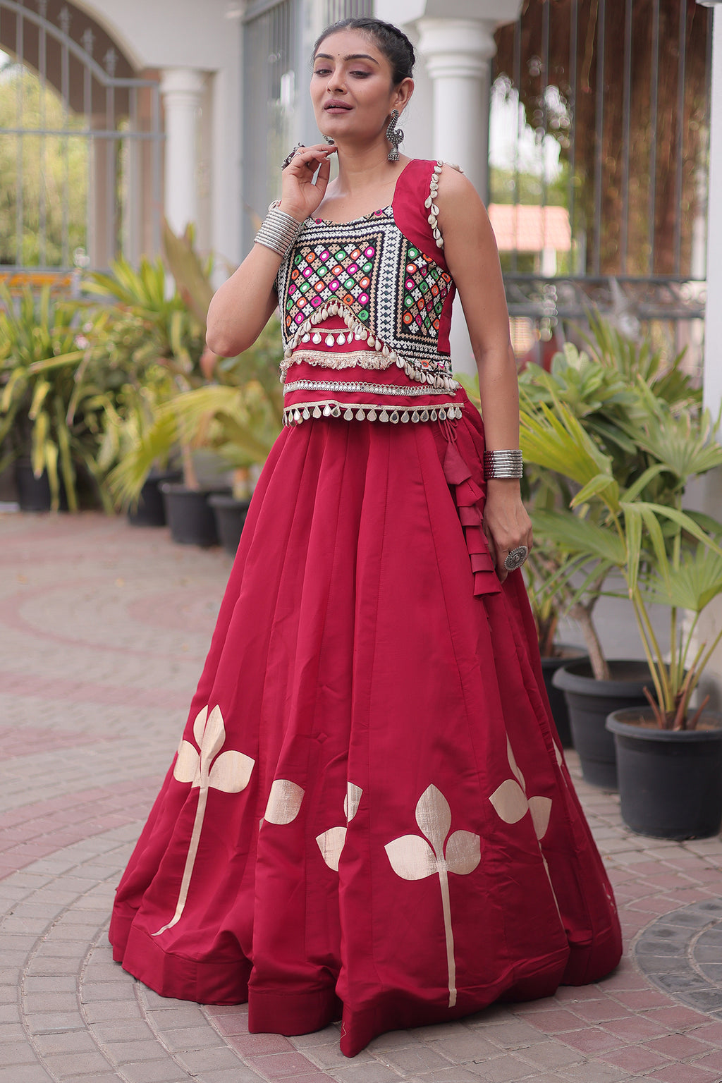 Maroon Art Silk Kachchi Mirror Worked Chaniya Choli