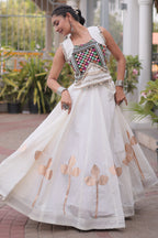 White Art Silk Kachchi Mirror Worked Chaniya Choli