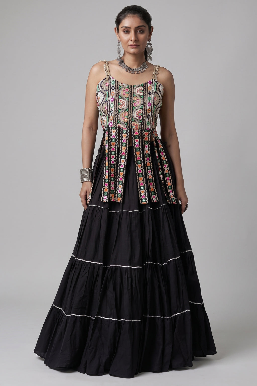 Black Art Silk Chaniya Choli with Kachchi Mirror Work