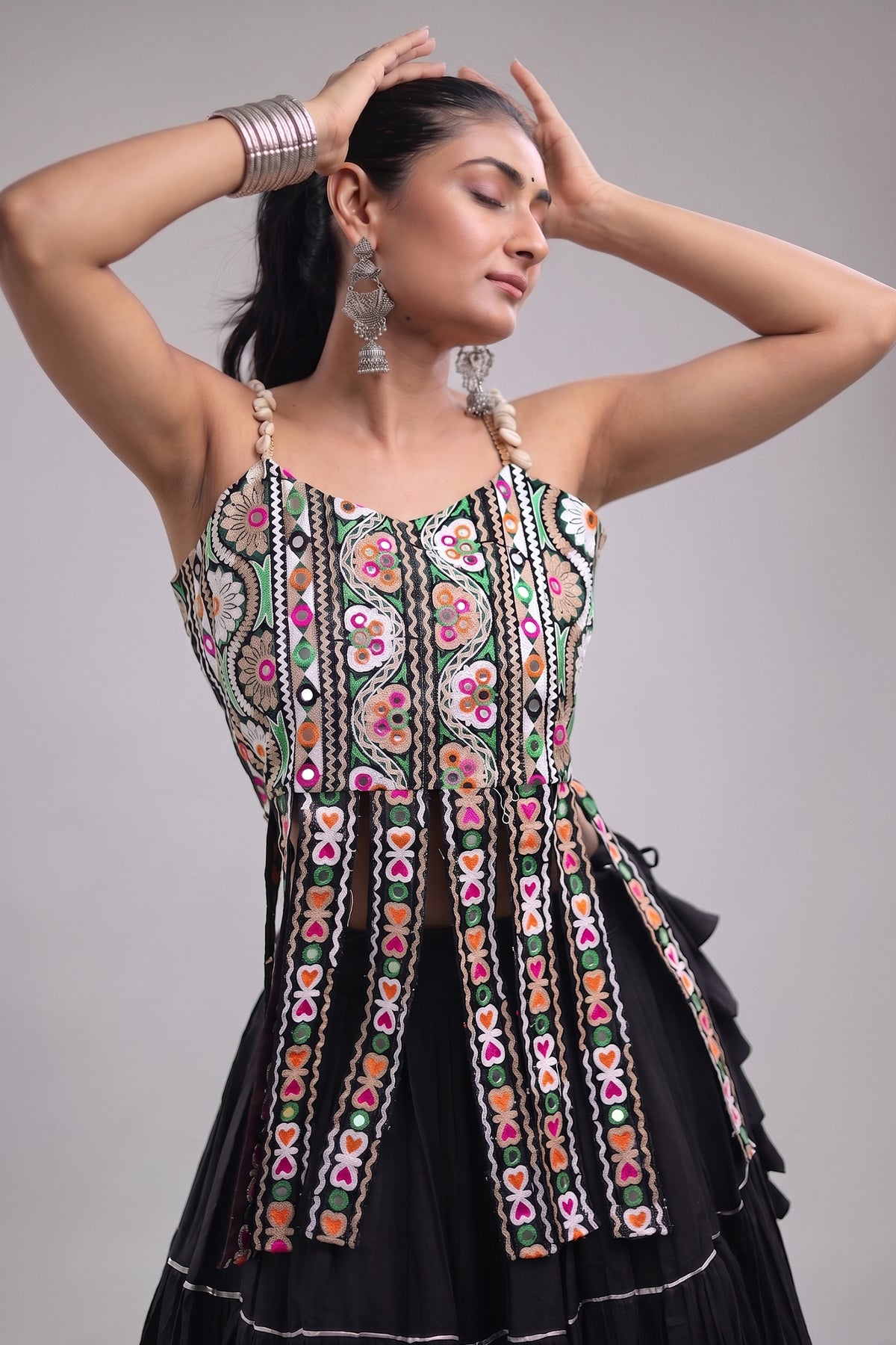 Black Art Silk Chaniya Choli with Kachchi Mirror Work