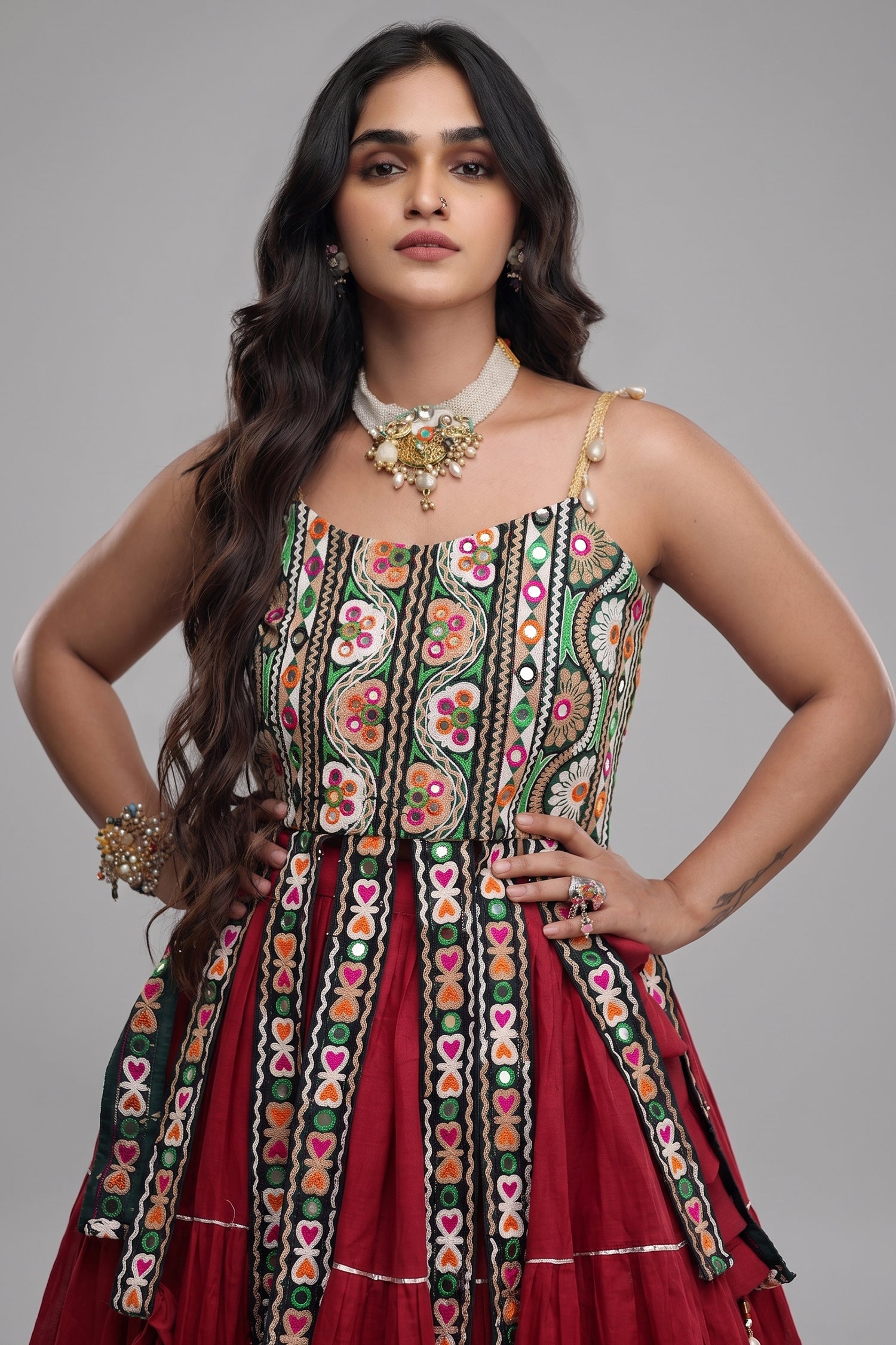 Maroon Art Silk Chaniya Choli with Kachchi Mirror Work Secondary image