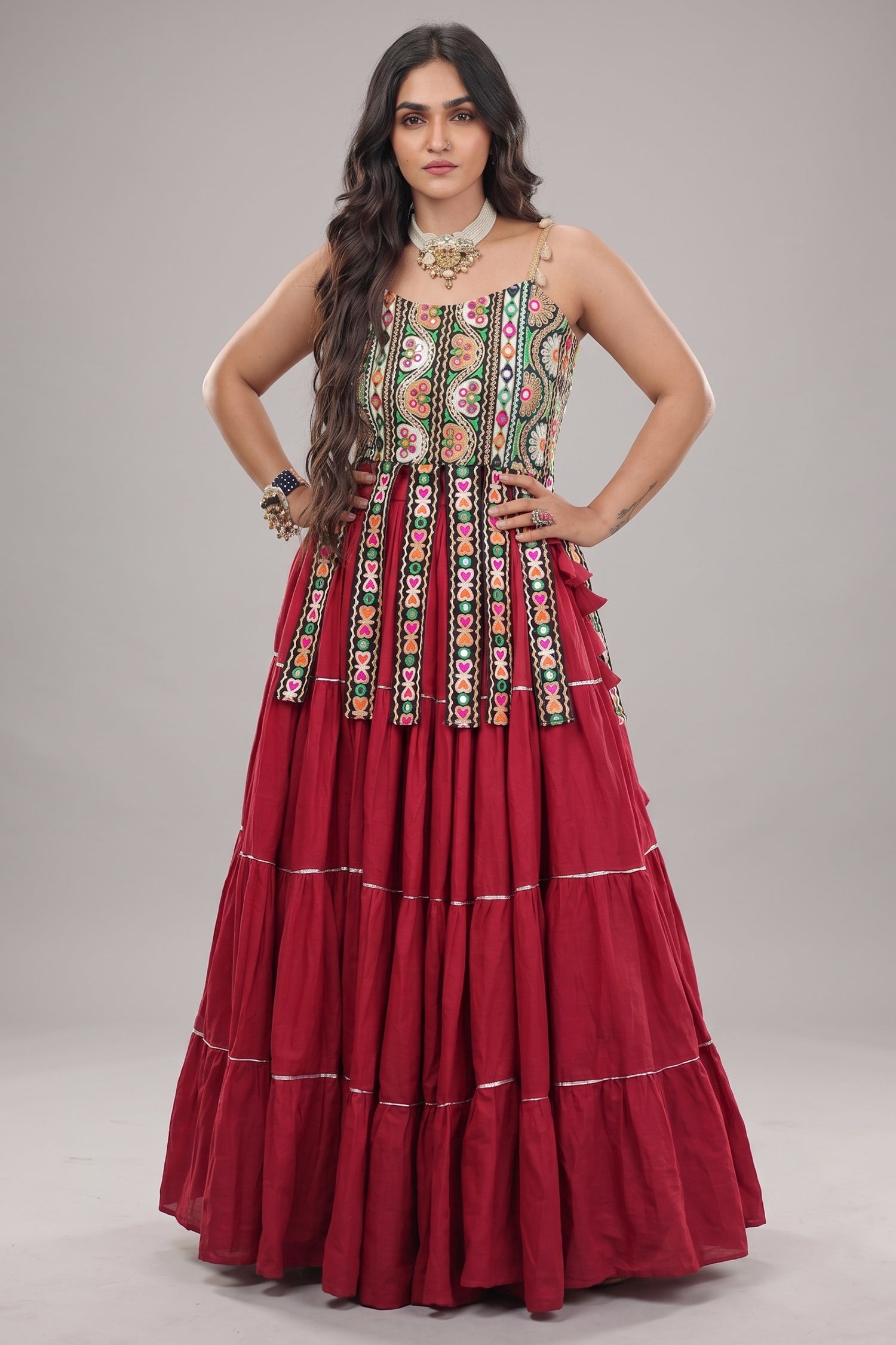 Maroon Art Silk Chaniya Choli with Kachchi Mirror Work