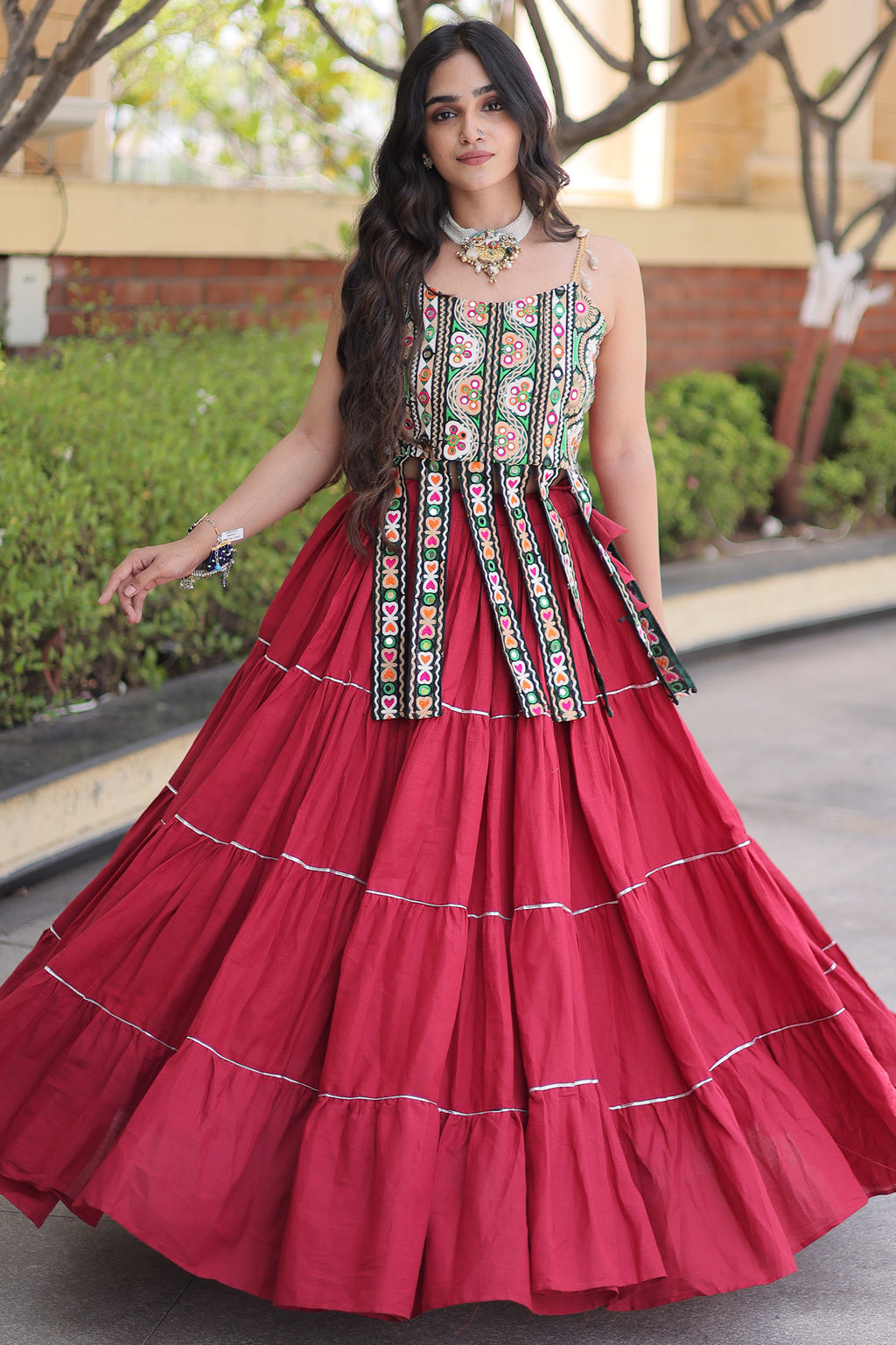 Maroon Art Silk Chaniya Choli with Kachchi Mirror Work