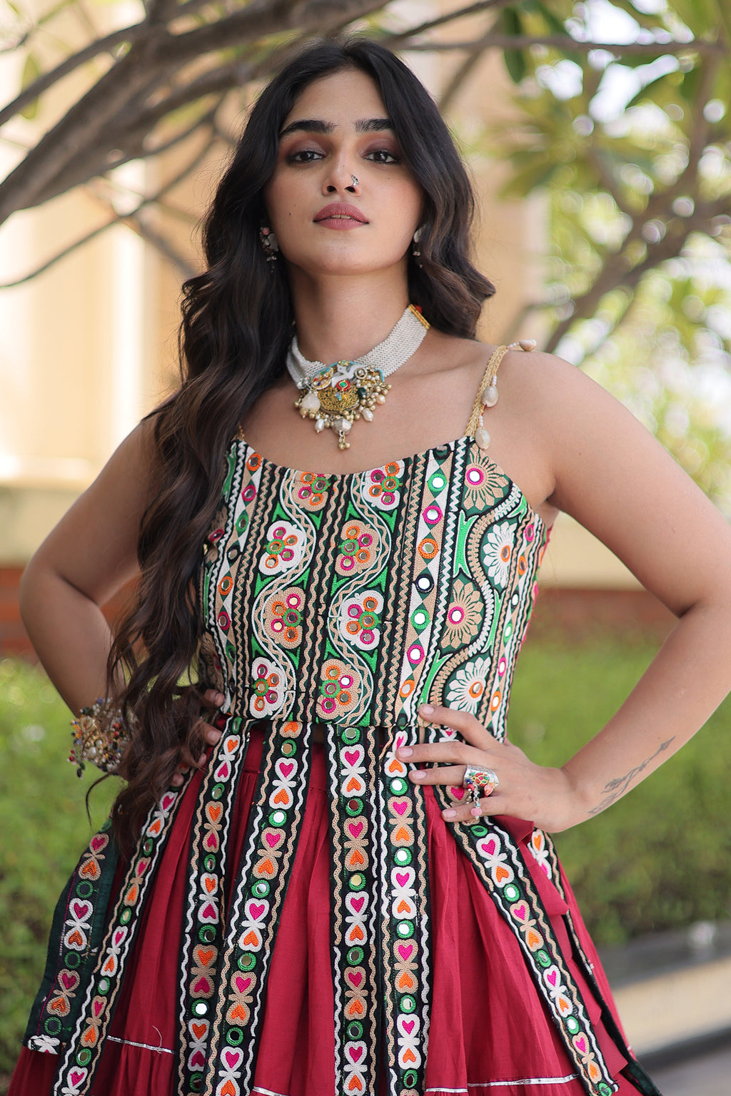 Maroon Art Silk Chaniya Choli with Kachchi Mirror Work
