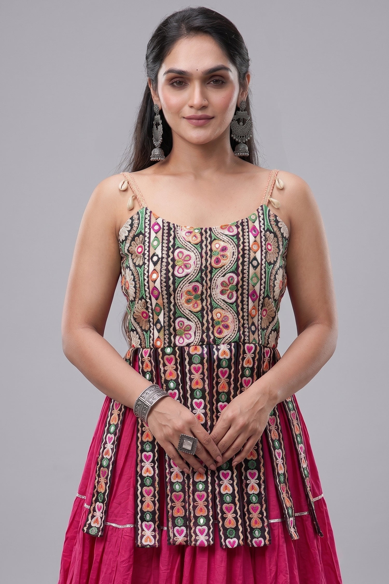 Pink Art Silk Chaniya Choli with Kachchi Mirror Work Secondary image