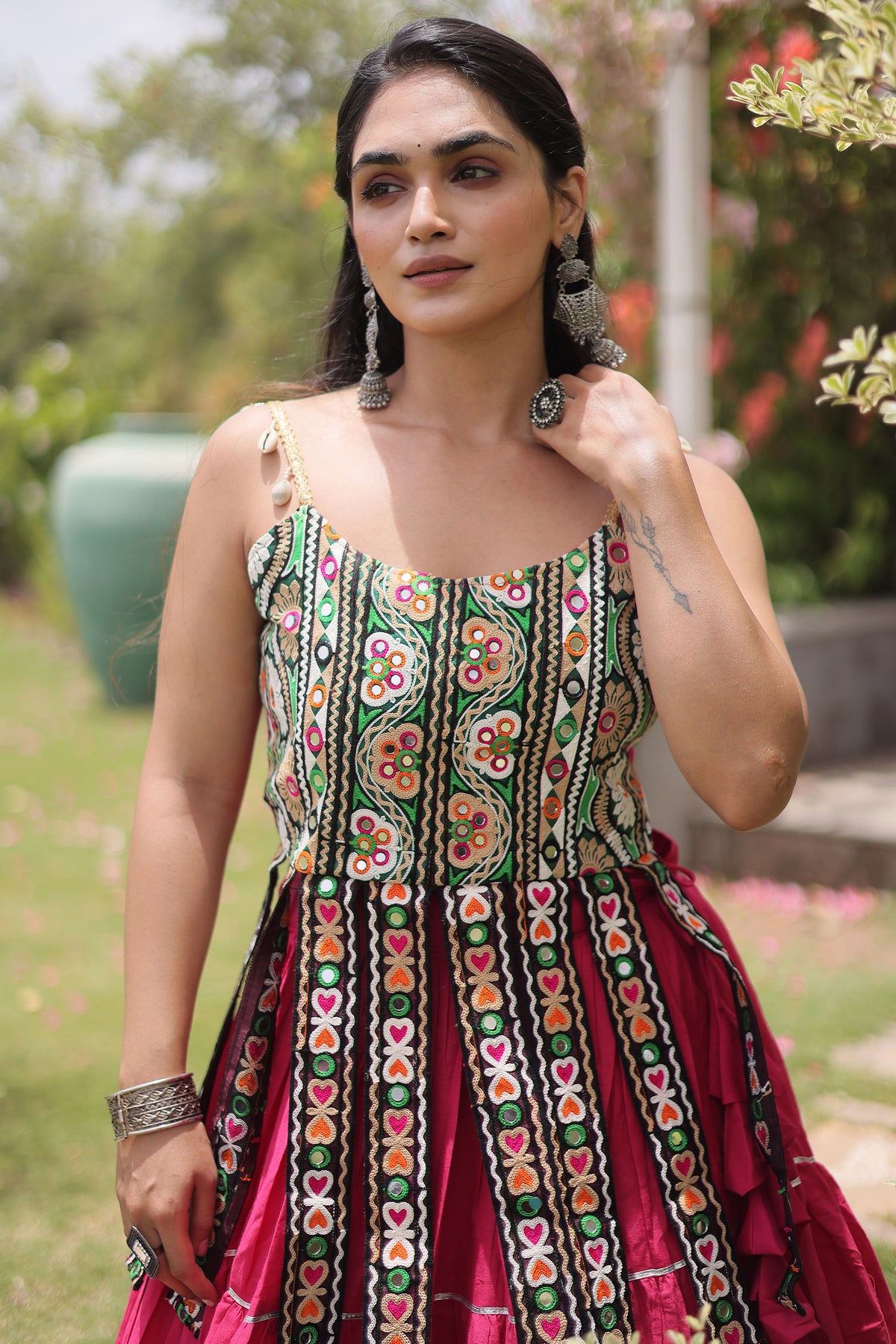Pink Art Silk Chaniya Choli with Kachchi Mirror Work