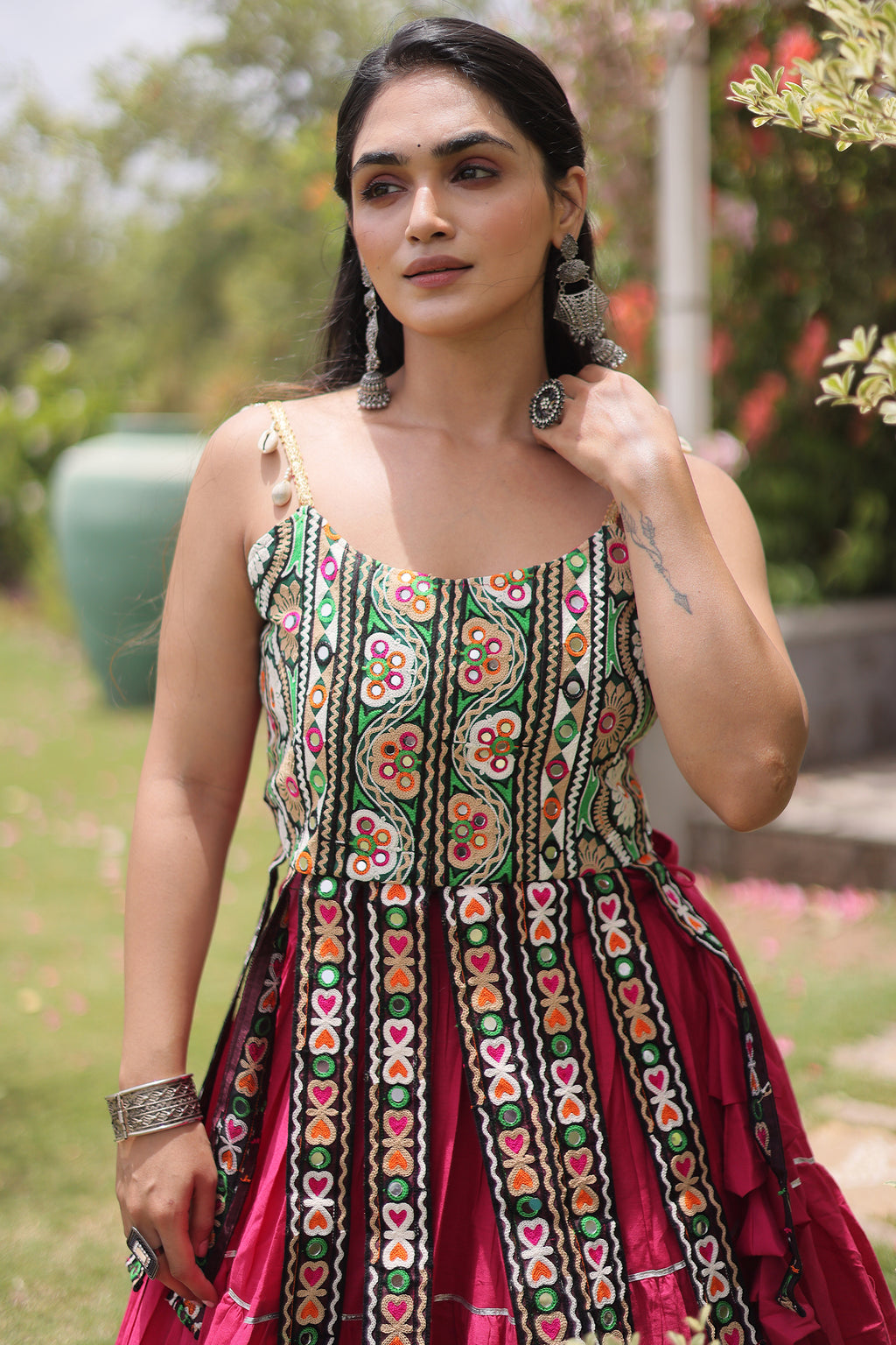 Pink Art Silk Chaniya Choli with Kachchi Mirror Work