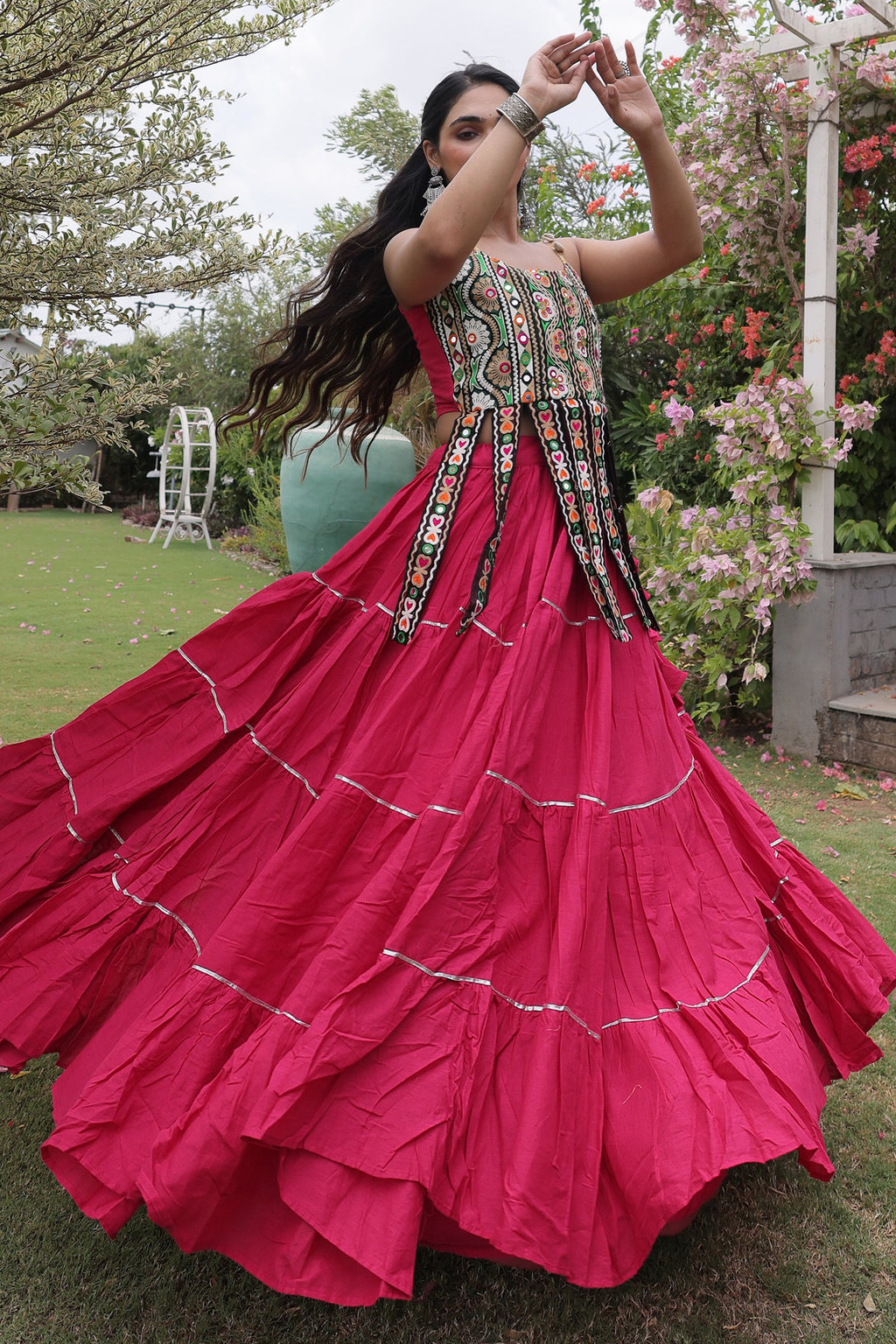 Pink Art Silk Chaniya Choli with Kachchi Mirror Work