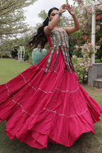 Pink Art Silk Chaniya Choli with Kachchi Mirror Work