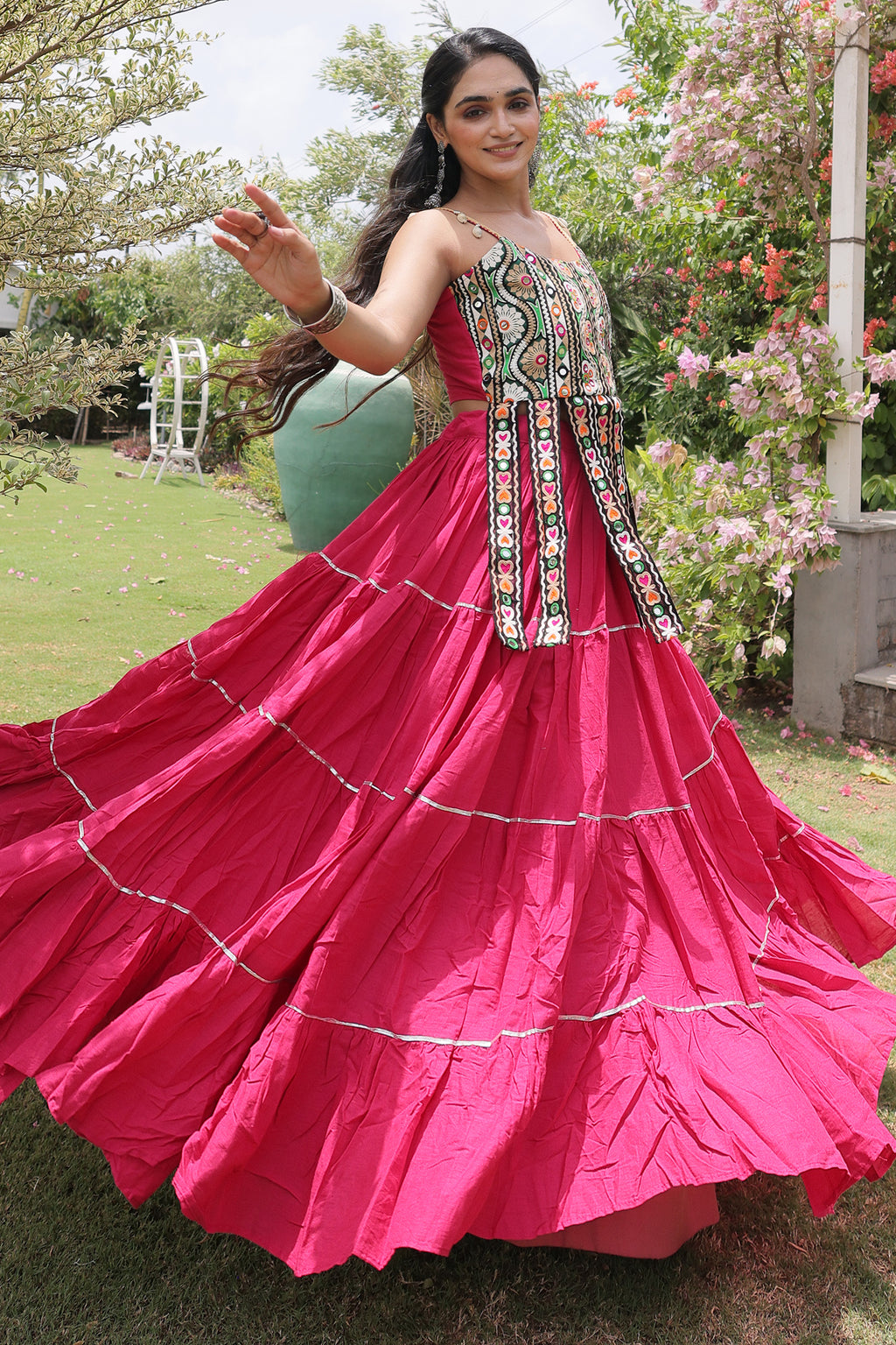 Pink Art Silk Chaniya Choli with Kachchi Mirror Work