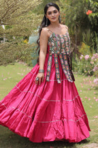 Pink Art Silk Chaniya Choli with Kachchi Mirror Work