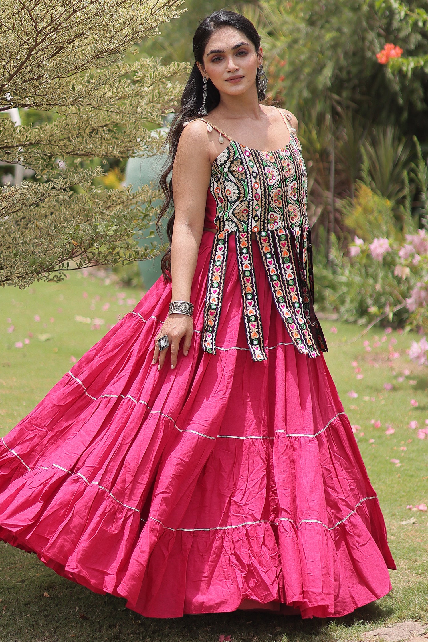 Pink Art Silk Chaniya Choli with Kachchi Mirror Work
