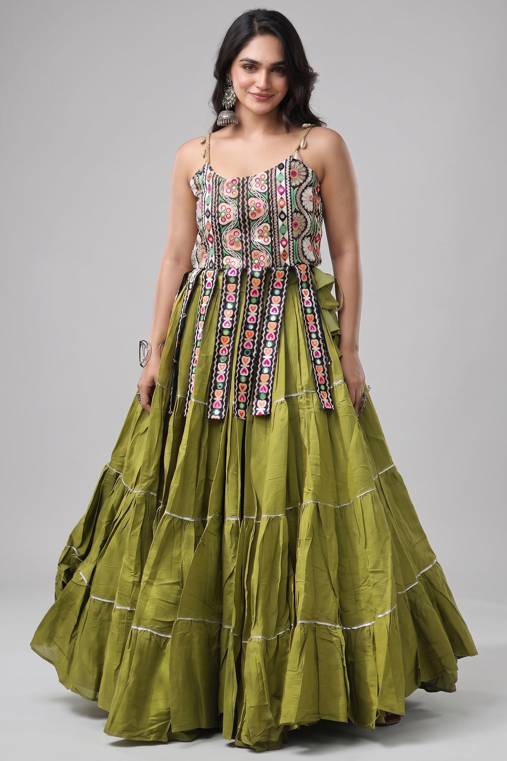 Green Art Silk Chaniya Choli with Kachchi Mirror Work